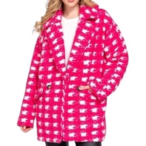 Long Sleeve Double Breasted Check Print Boucle Fleece Coat